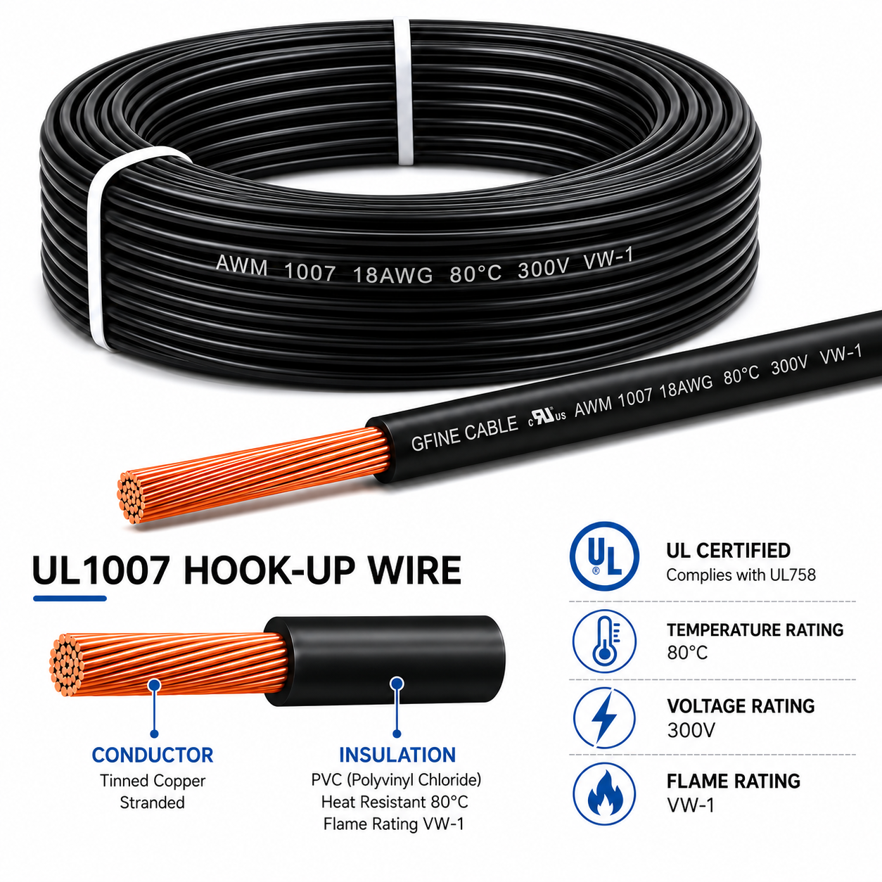 UL 1007 / 1569 Hook-up Wire | 300V PVC Insulated Tinned Copper Internal Wiring - Global Standard AWG Sizes