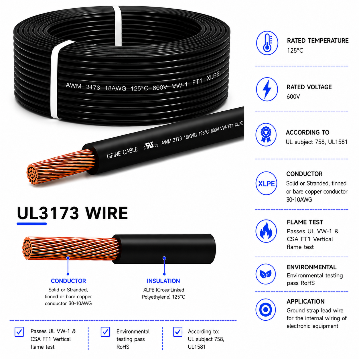 UL3173 XLPE Insulated Wire 600V 125&deg;C Flexible Tinned Copper Battery Cable