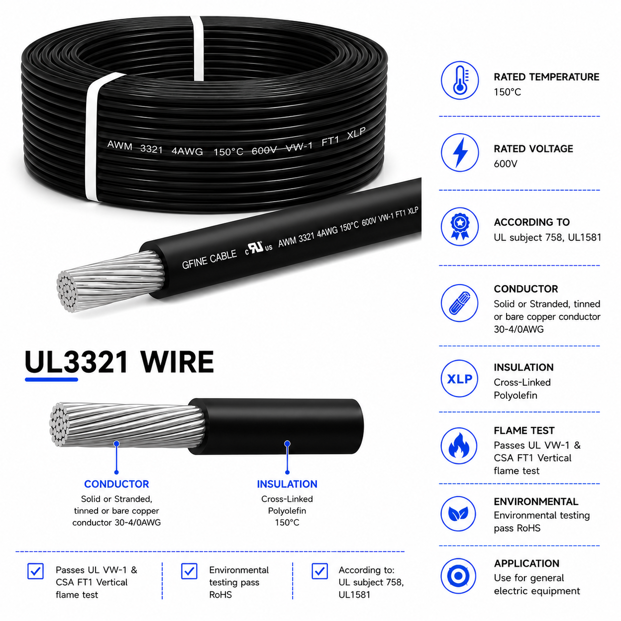 UL3321 XLPE Insulated Wire 600V 150&deg;C High Temperature Flexible Copper Cable