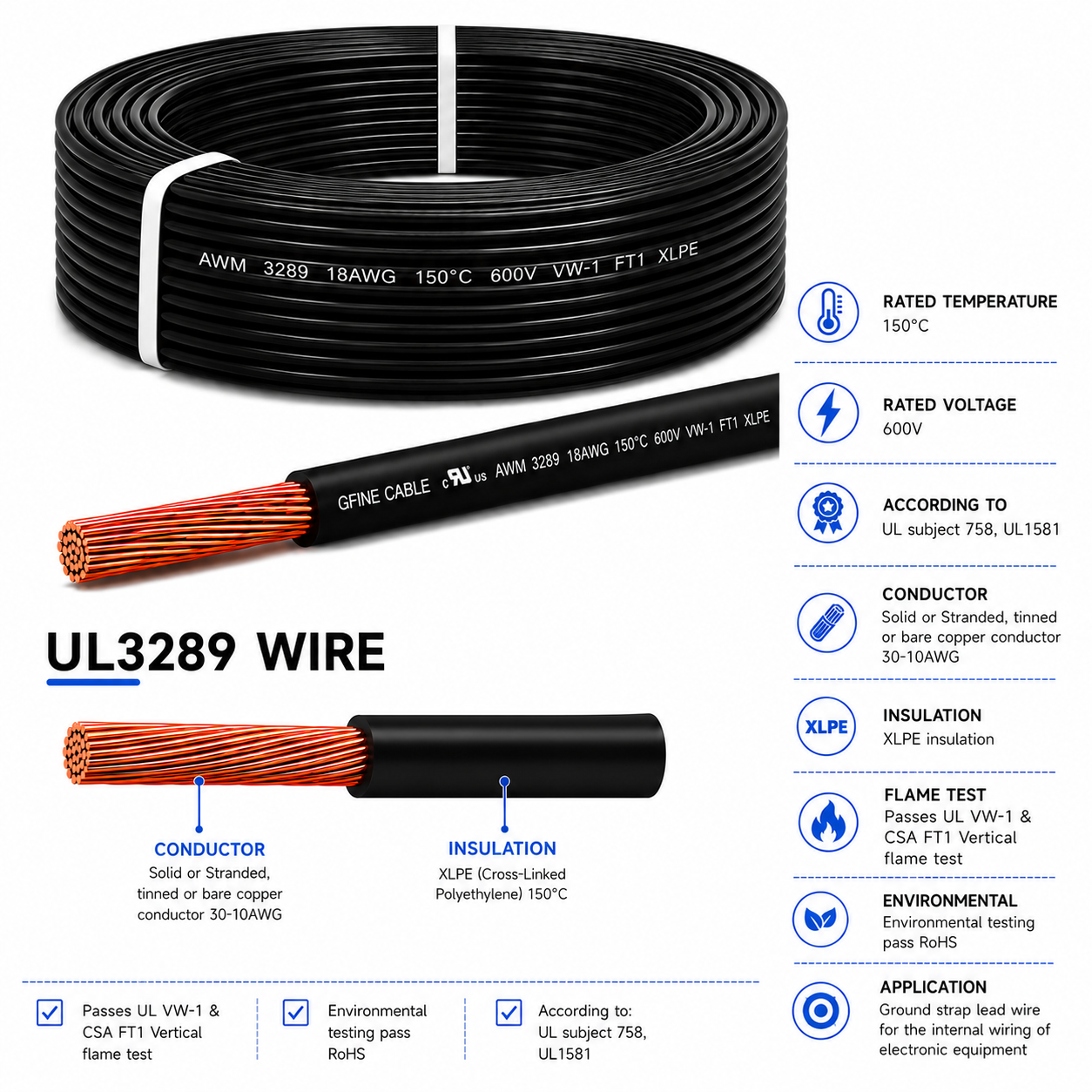 UL3289 XLPE Insulated Wire 150&deg;C High Temperature Hook-Up Wire Flexible Copper Cable