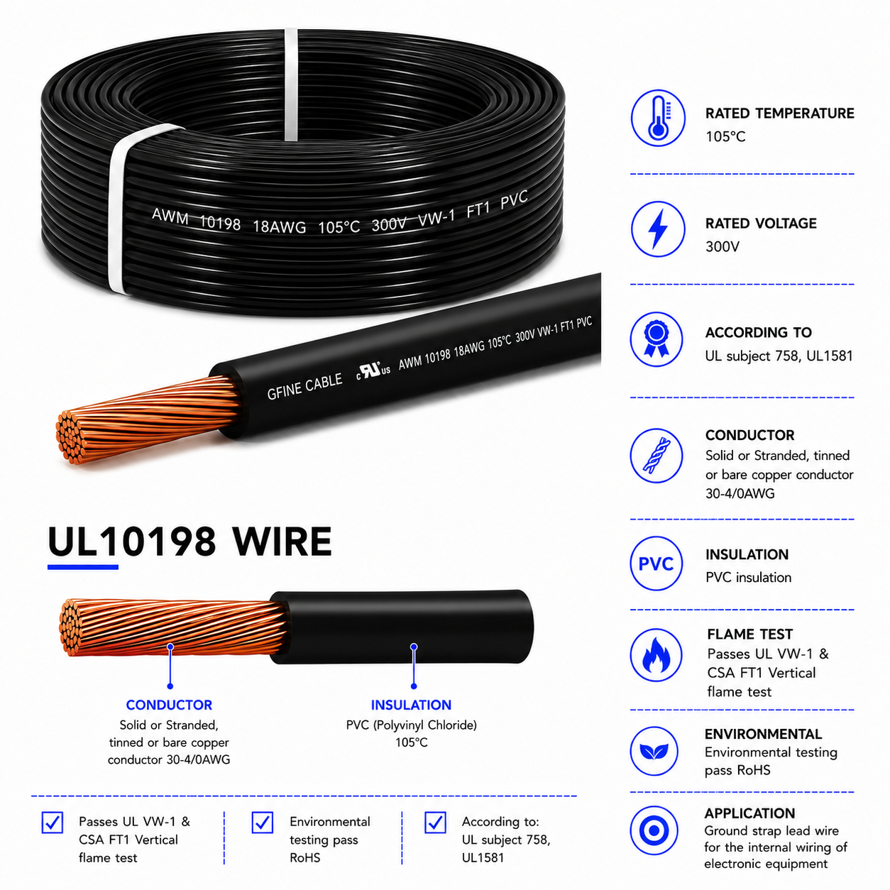 UL10198 XLPE Insulated Hook-Up Wire 600V 105&deg;C Flexible Tinned Copper Cable