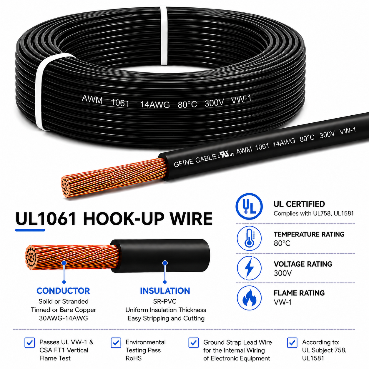 UL1061 Hook Up Wire 300V 80&deg;C PVC Insulated Electronic Wire Flexible Copper Cable