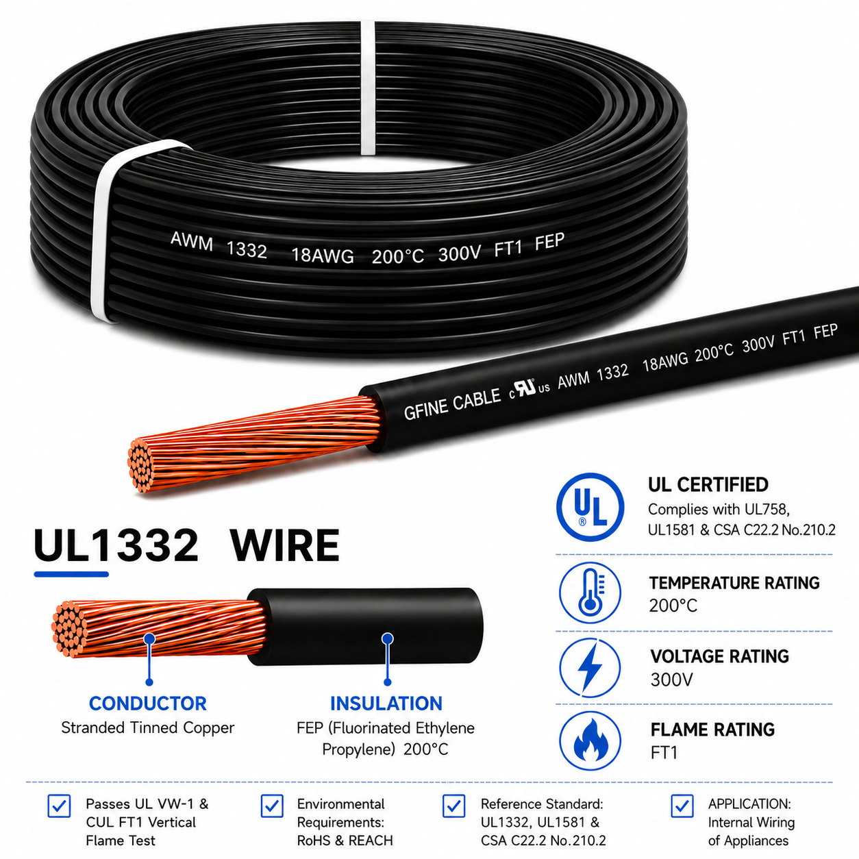 UL1332 FEP Insulated Hook-Up Wire 300V 200&deg;C High Temperature Electronic Wire