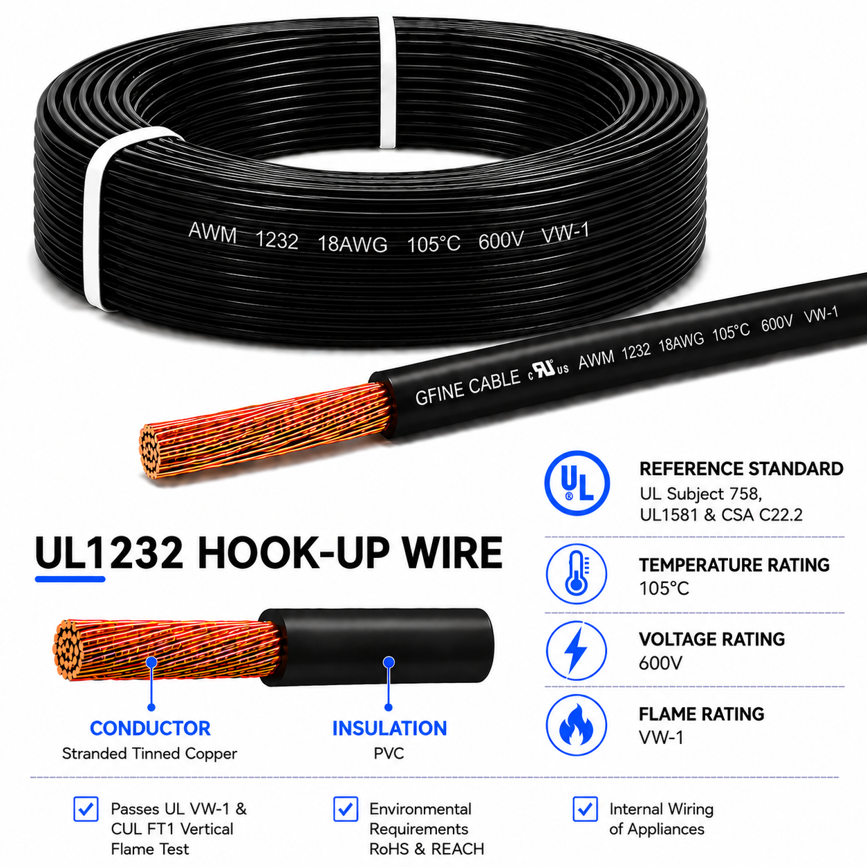 UL1232 PVC Insulated Hook-Up Wire 600V 105&deg;C Flexible Stranded Copper Electronic Cable