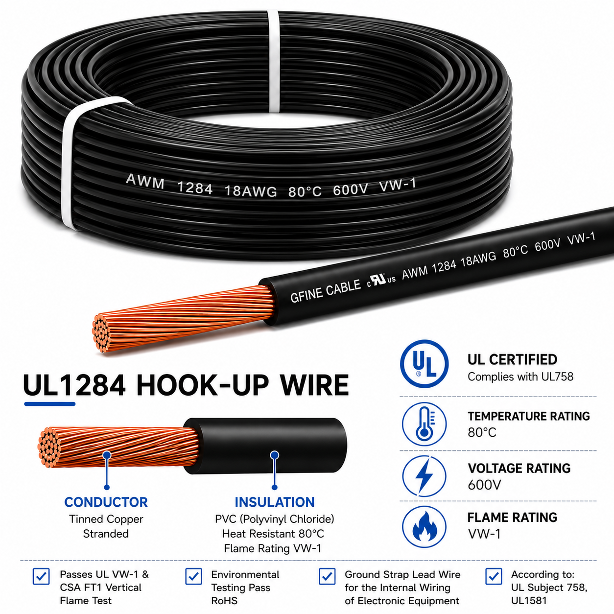 UL1284 PVC Insulated Hook-Up Wire 600V 105&deg;C Flexible Copper Electronic Cable